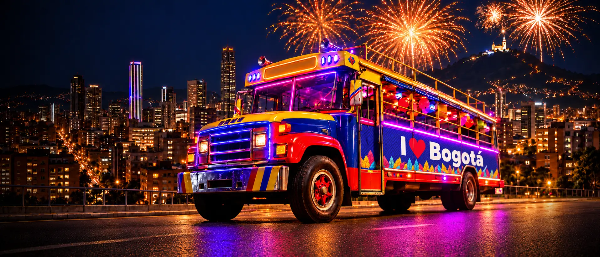 Chiva rumbera iluminada de noche en Bogotá con pólvora al fondo